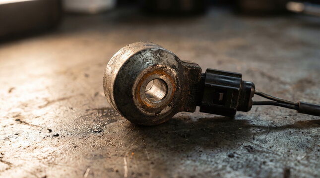 Used automotive engine knock sensor with electrical wires on a dirty metal workshop surface