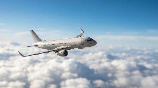 Passenger airliner soaring through dramatic clouds in a clear blue sky during aviation travel