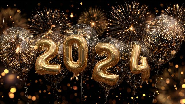 Shiny gold foil balloons forming the year twenty twenty four against a vibrant black background with sparkling bright golden fireworks