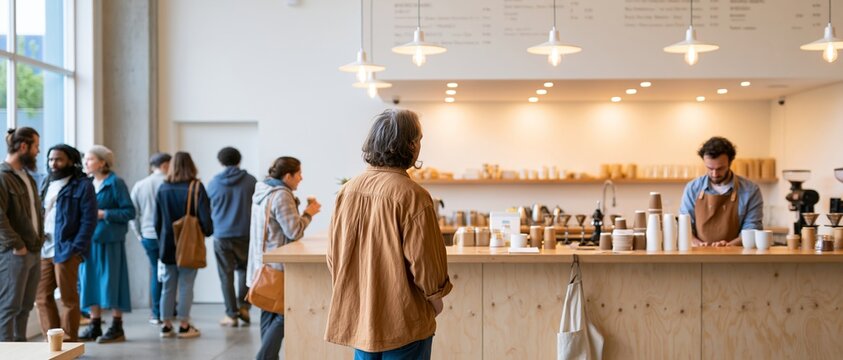 People waiting in modern coffee shop