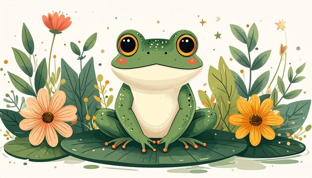 Digital illustration of a cute green frog character sitting on a lotus leaf in a pond with beautiful flowers in watercolor style.frog on a leaf
