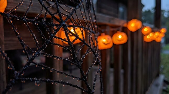 Black decorative spider web with water droplets hangs on wooden porch railing alongside glowing orange jack o lantern string lights creating spooky halloween atmosphere outdoors.