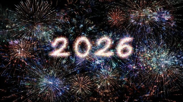 Bright glowing sparkler digits twenty twenty six forming the new year celebration against a dark colorful explosive firework display background