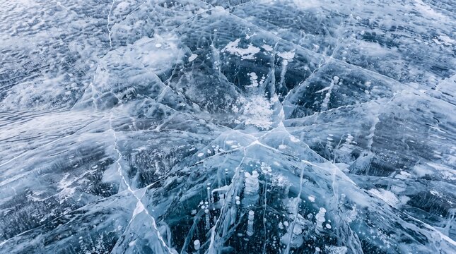 Cracked ice texture on lake baikal with frozen methane bubbles in winter