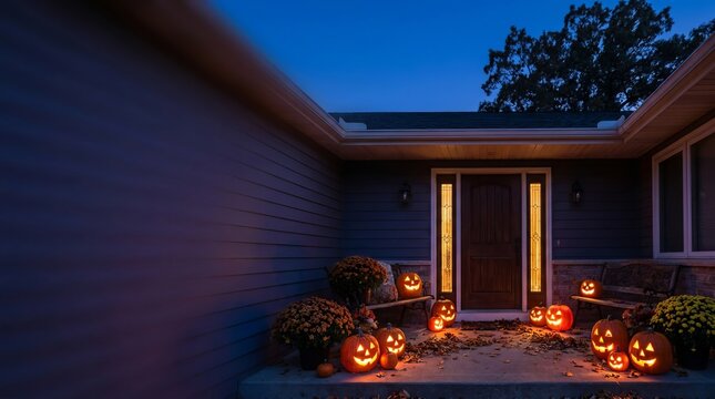 Illuminated jack o lanterns display on home porch at dusk features glowing carved pumpkins and autumn flowers to welcome visitors for halloween night festivities and tradition.