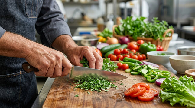 Chef chopping fresh herbs on wooden board, surrounded by vegetables in kitchen