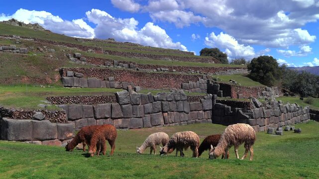 Cusco Saqsaywaman Inca city of Cuzco Peru cityscape landscape rainy season sunny afternoon clouds blue sky Peruvian Andes neighborhood buildings on mountainside Anta Province Plaza de Armas pan left