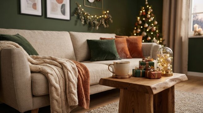 Cozy christmas living room interior with a beige sofa, warm blankets, decorative pillows, a steaming mug, and festive gifts on a wooden coffee table, creating a festive and inviting holiday atmosphere