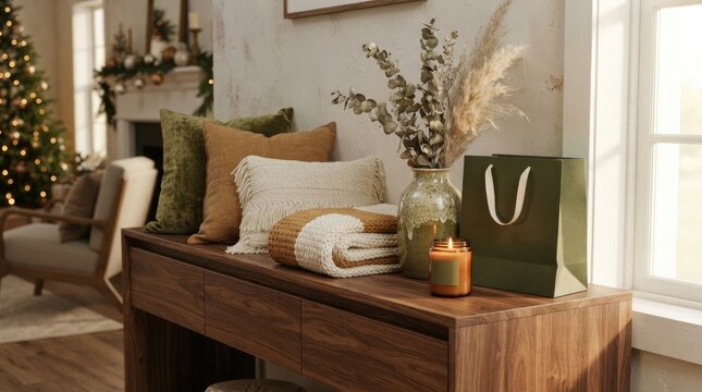 Cozy christmas entryway decor with pillows, a throw blanket, a vase with dried branches, a candle, and a gift bag on a wooden console table