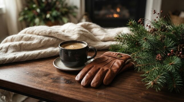 Cozy winter scene with a cup of coffee, leather gloves, and a warm knitted blanket on a wooden table by a fireplace
