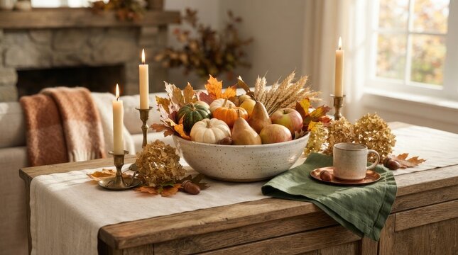 Cozy autumn table centerpiece with pumpkins, pears, apples, and candles on a rustic wooden table