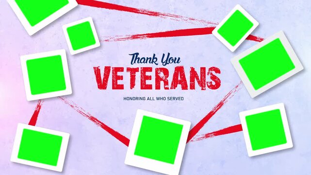 Thank You Veterans Honoring All Who Served Text Animation with Multiple Polaroid Photo Frames and Red Brush Strokes