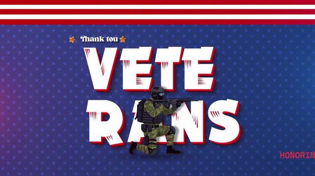 Thank You Veterans Honoring All Who Served Title Animation with Armed Soldier Silhouette and Red White Stripes