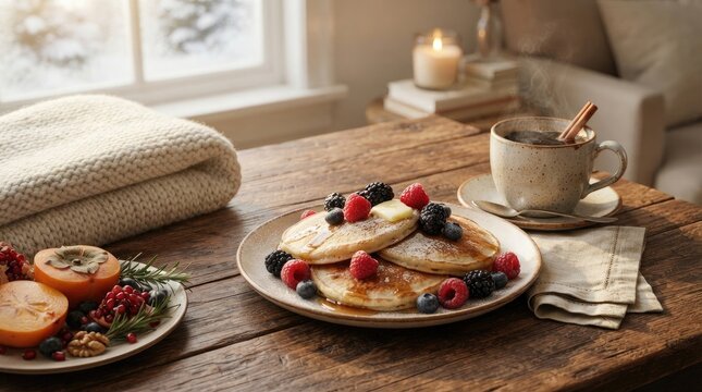 Cozy breakfast scene with pancakes topped with fresh berries and butter, served with a warm cup of coffee on a rustic wooden table by a window