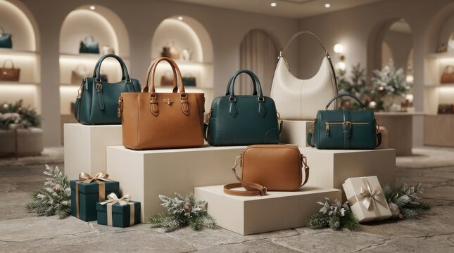 Luxury leather handbags displayed on pedestals in a boutique store with holiday decorations