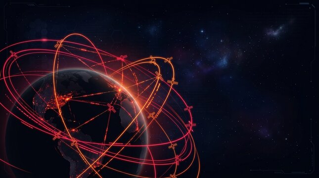 Futuristic Dark Space Tech Background with Glowing Satellite Communication Lines and Copy Space