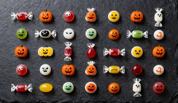 Halloween candy knolling flat lay with pumpkin sweets, ghost chocolates, and wrapped treats arranged on a dark slate background