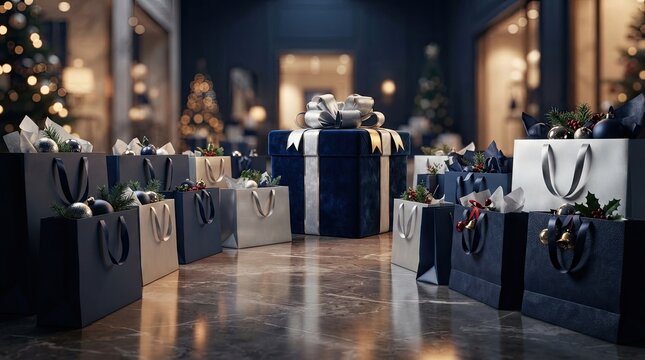 Luxury christmas shopping bags and a large gift box on a marble floor in a festive store interior