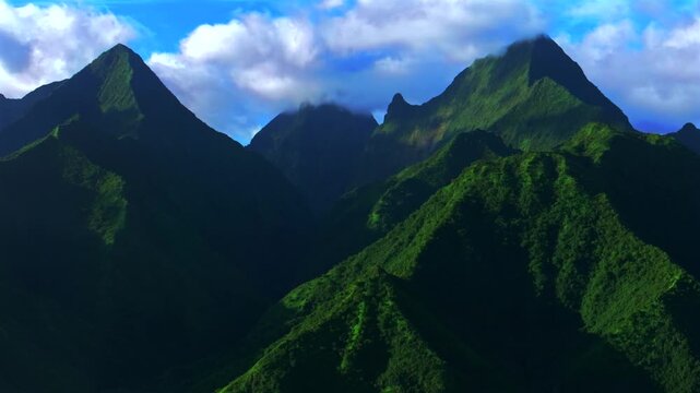 Tahiti Ito Volcano Teahupo'o mountains Tara Huhurahi Ridge South Pacific Island Mount Ronui Aorai Orohena Vaiau River Valley French Polynesia aerial drone afternoon sunny blue sky clouds circle left