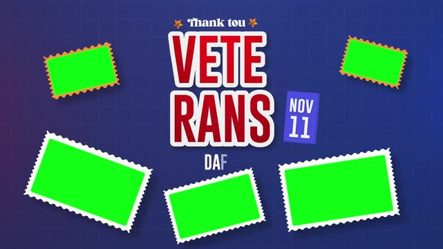 Veterans Day November 11 Title Animation with Postage Stamp Photo Frames Green Screen Placeholders on Grid Background
