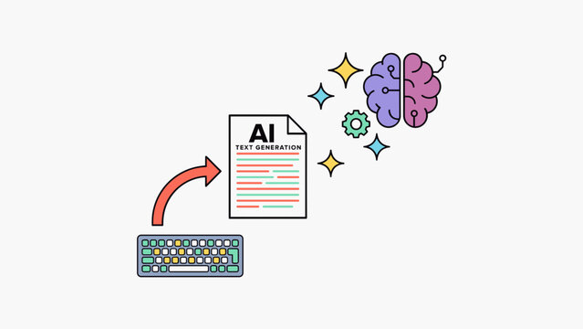 Artificial intelligence text generation vector, AI content creation concept, digital copywriting with neural brain and keyboard