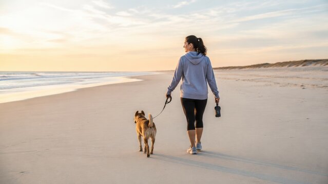 Woman walking a dog along a clean beach at sunset, wearing a gray hoodie and black leggings, with gentle waves lapping at the shore in the background
