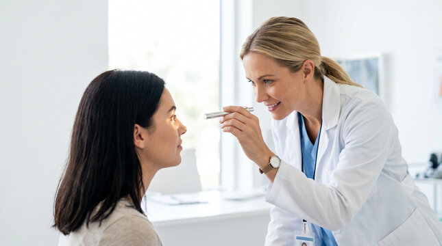 Doctor checking pupil reaction with a patient in a clinical setting  