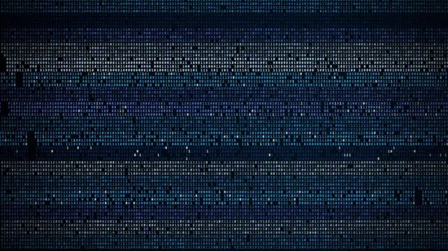 Binary code characters scrolling across a dark digital background with shifting blue and white bands