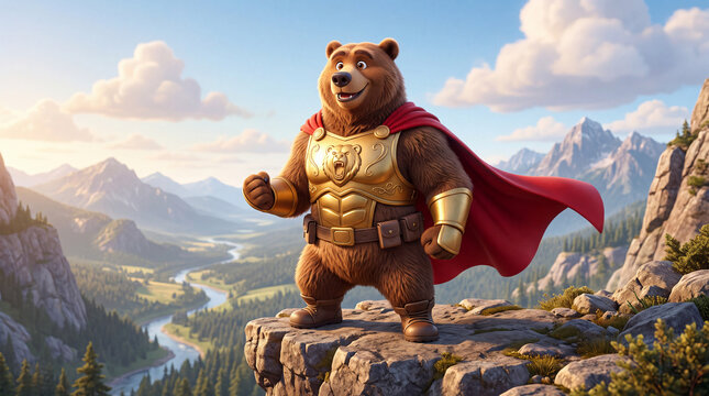Cute Giant Grizzly Bear Superhero in Golden Chest Plate and Red Cape on Cliff