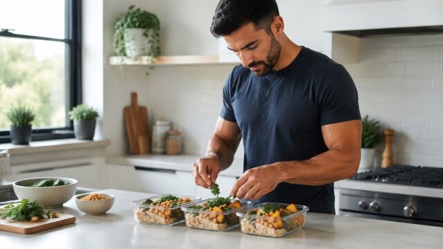 Male preparing healthy vegan meal prep containers with quinoa, vegetables, and herbs in modern kitchen with natural light and green plants visible in the background