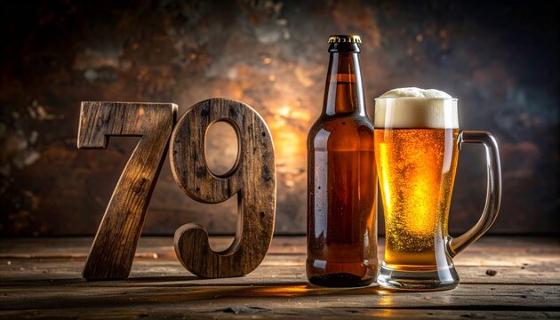 Rustic Beer Bottle and Glass with Number 79 &ndash; Birthday and Anniversary Celebration