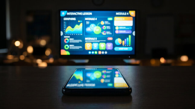 Smartphone screen reflecting glowing interactive classroom smartboard in dark room  