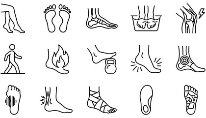 Obraz premium Orthopedic podiatry and lower limb therapy line icon set featuring foot pain injury bandage massage and medical elements