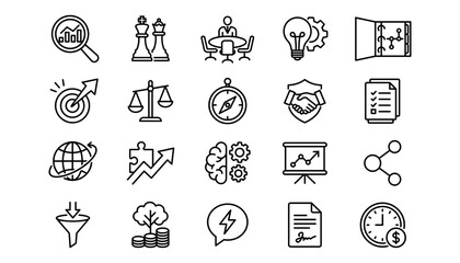 Fototapeta premium Business management and corporate strategy line icon set featuring analysis planning teamwork growth and finance elements