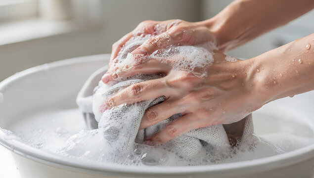 Hands Washing Clothes in Basin with Soap and Bubbles