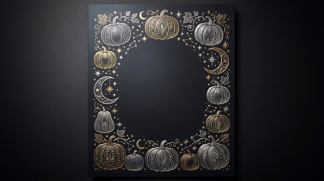 Elegant Halloween pumpkin border, gold and silver celestial autumn frame, mystical harvest moon and stars on black background