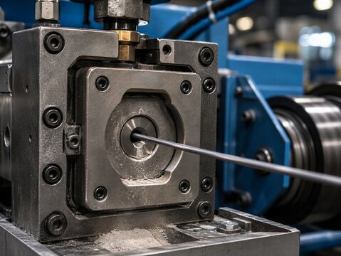Close-up of steel wire passing through a compact drawing die with dry soap lubricant, showing precision wire drawing, diameter reduction, and industrial metal processing.