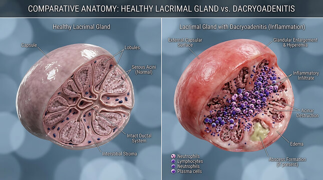 Healthy Lacrimal Gland Versus Acute Dacryoadenitis Enlarged Hyperemic Gland and Abscess