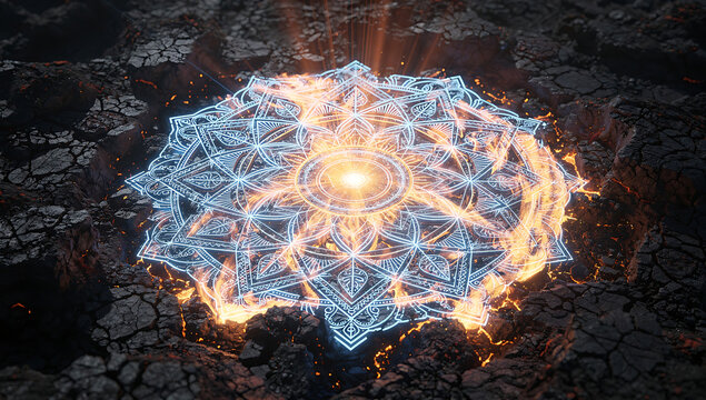 Luminous Geometric Mandala Radiating Electric Blue and Gold