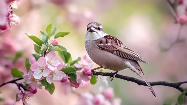 A small bird with brown and white feathers sits on a branch adorned with cherry blossoms in full bloom. The conveys a sense of springtime and nature's beauty.