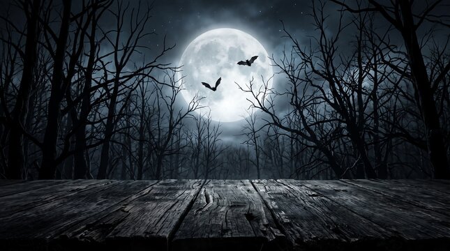 moonlit forest with wooden path and flying bats