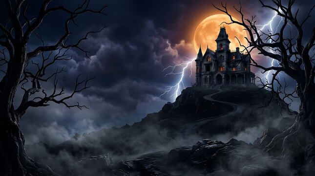 Spooky haunted mansion on a hill, gothic castle under full moon and lightning, dark halloween landscape with dead trees and fog
