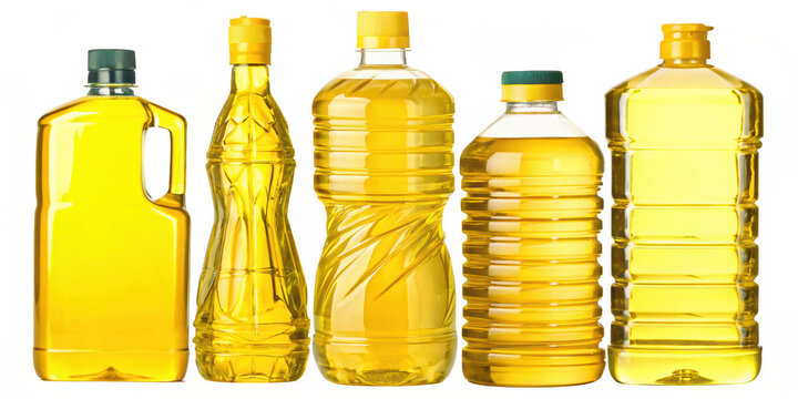 Set of five yellow plastic oil bottles with red caps isolated on white background p n g a i generated