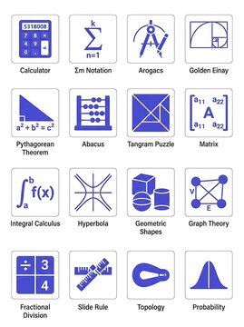 Set of blue mathematics and science icons with labels featuring calculus calculator abacus and geometric shapes mathematics calculus calculator geometry education formulas statistics topology