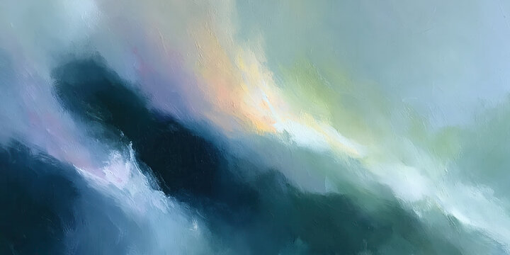 ethereal storm cloud abstract painting with iridescent light breaking through dark turbulent atmosphere for wellness branding web design advertising editorial backgrounds
