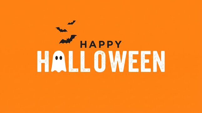 Happy Halloween greeting with ghost and bats on orange background