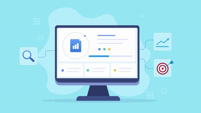 Modern flat vector animation of a desktop monitor displaying an analytics dashboard with chart, search, trend, and target icons for digital business data concepts.