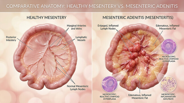 Healthy Mesentery Versus Mesenteric Adenitis Enlarged Nodes and Peritoneal Inflammation