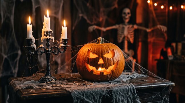 halloween pumpkin with candles and skeleton