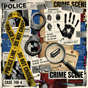 Crime scene evidence collage with handcuffs and police tape.